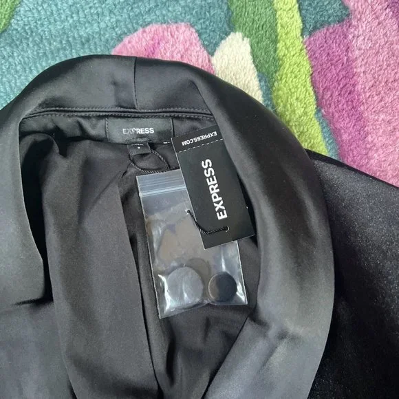 NEW Sz XS X-Small Express Double Breasted Blazer in Black Velvet Tux Satin Fancy - Picture 10 of 10